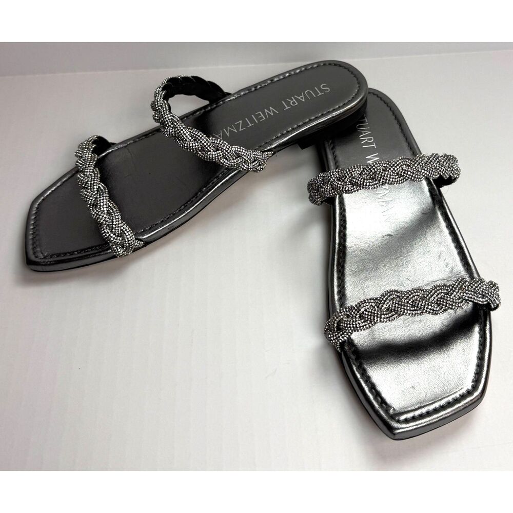Stuart Weitzman Addison Pewter Braided Crystal Flat Slide Sandals Sz 7.5